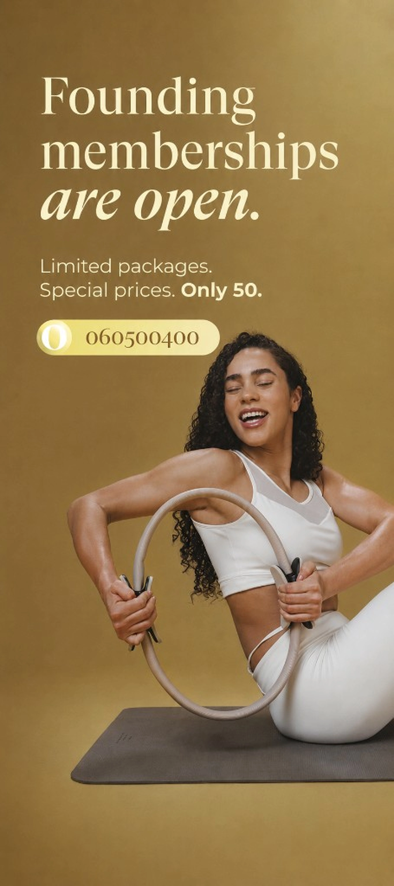Founding memberships promotion — woman doing Pilates with a ring on a golden gradient studio background